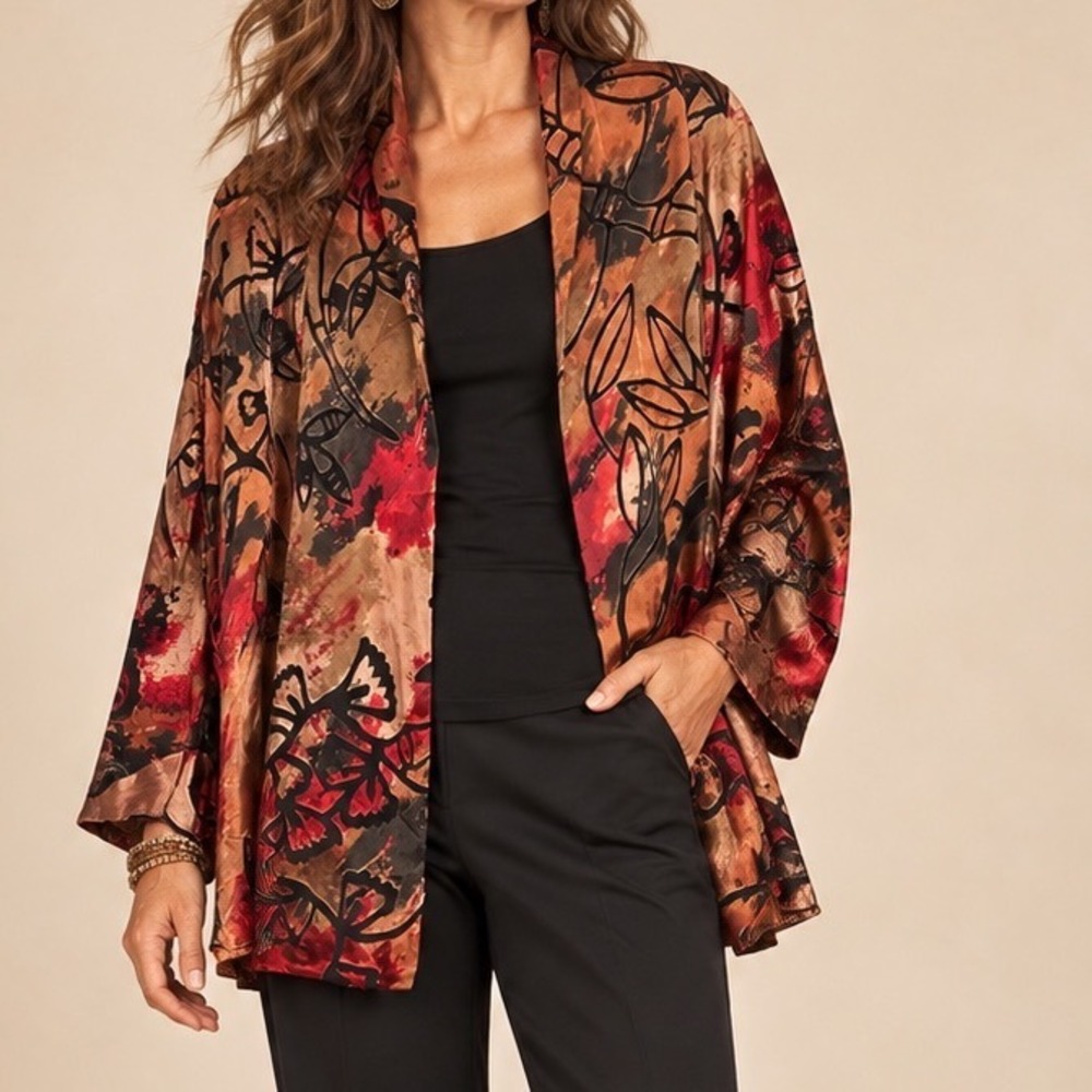 VTG Chicos Design Silk Blend Burnout Floral Kimono Jacket Copper Red Size 3 XL f